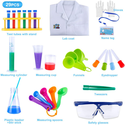 GINMIC 29pcs Kids Science Experiment Kit Lab Coat Set Scientist Costume Dress