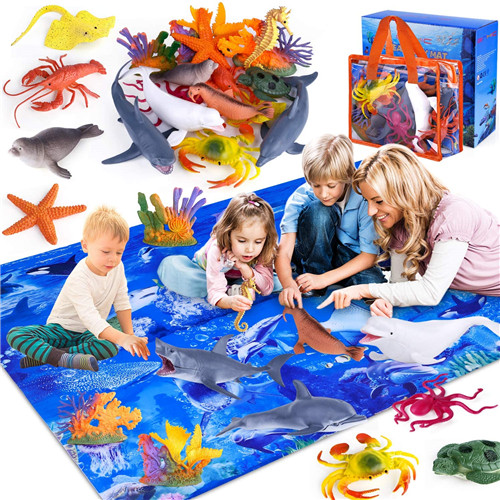 GINMIC Kids Ocean Animals Toys with Large Play Mat , 18 Pack Assorted