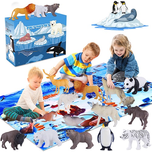 GINMIC Polar Animals Figurines Toys with Large Activity Play Mat