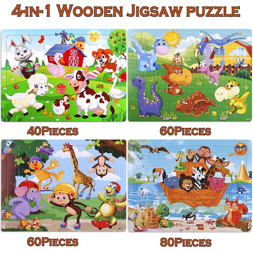 GINMIC Puzzles for Kids Ages 4-8, 4 Pack 40-80 Wooden Jigsaw Kids Puzzles