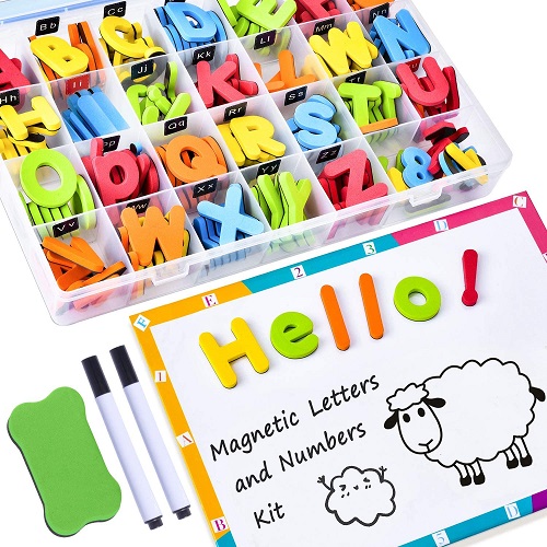 GINMIC 225Pcs Magnetic Letters and Numbers for Kids Double-Side Magnet Board