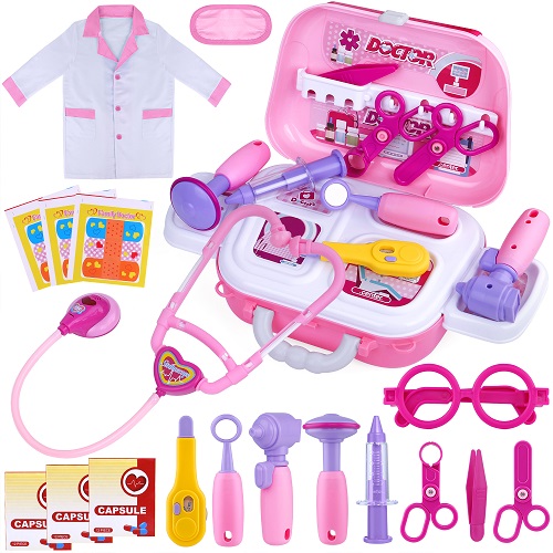 GINMIC Kids Doctor Play Kit, Pink Pretend Play Doctor Set with Roleplay Doctor Costume 
